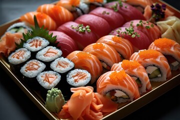 A variety of Japanese sushi with tuna. Generative AI.