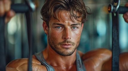 A poised and handsome individual performing a series of exercises with finesse, set against the backdrop of a modern fitness center, emphasizing the seamless integration of sophist