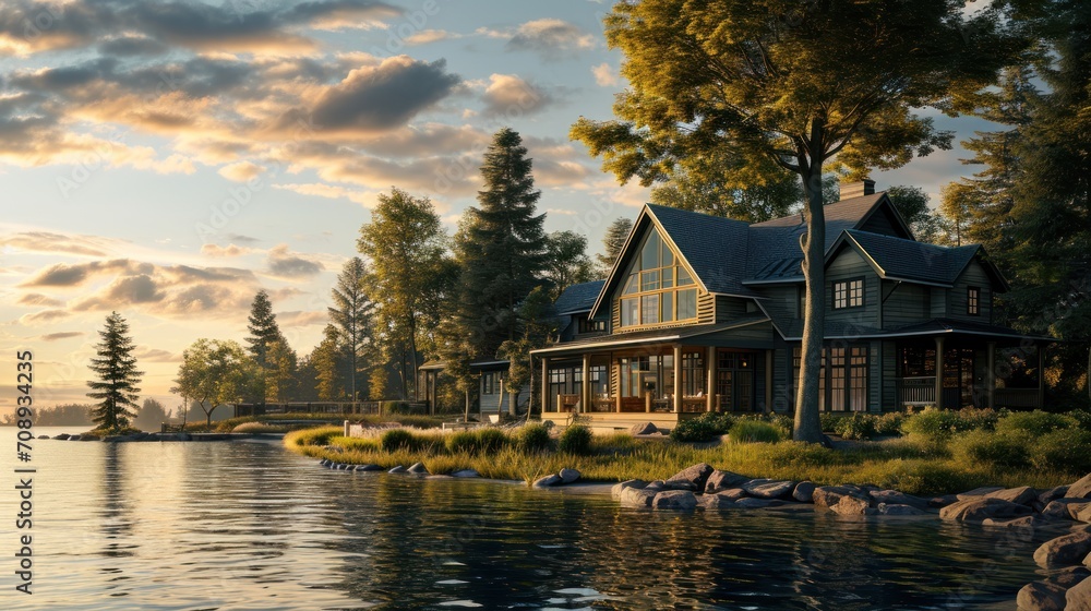 Poster a painting of a house on the shore of a lake with trees and rocks in the foreground and a sunset in 