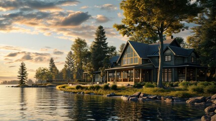 Fototapeta premium a painting of a house on the shore of a lake with trees and rocks in the foreground and a sunset in the background with clouds in the foreground.