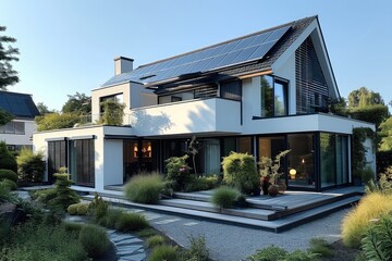 Fototapeta na wymiar A modern house with solar panels. Generative AI.
