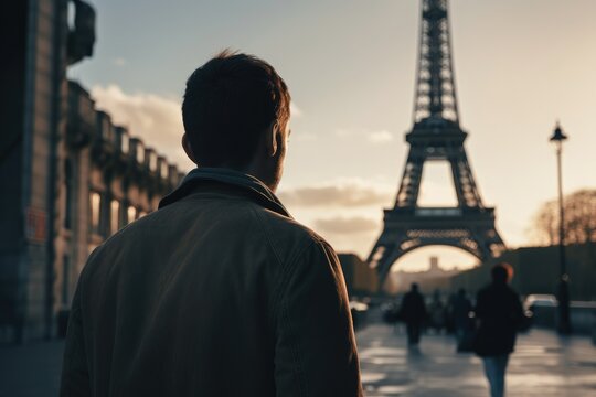 Rear view of man looking at scenery in front of Eiffel Tower, rear view of man traveling in Paris, faceless travel stock photo