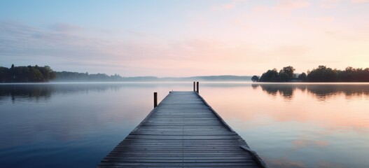 Tranquil lake scene at sunrise with wooden pier. Serenity and nature.