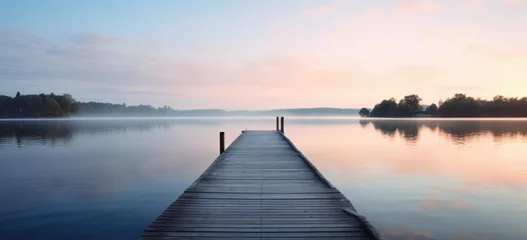 Foto op Plexiglas Tranquil lake scene at sunrise with wooden pier. Serenity and nature. © Postproduction