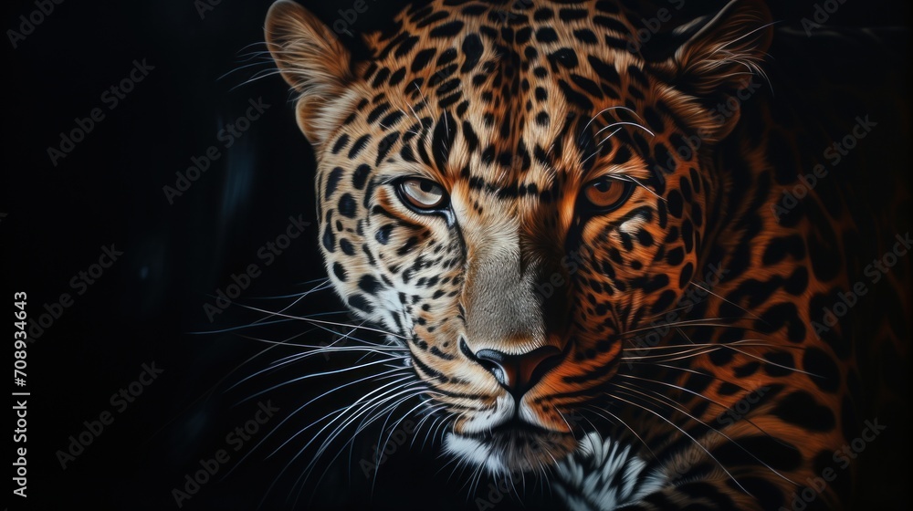 Poster a close - up of a leopard's face on a black background with a blurry image of the face of a leopard'