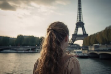 Rear view of young girl looking at the scenery in front of Eiffel Tower, rear view of young girl traveling in Paris, faceless travel stock photo