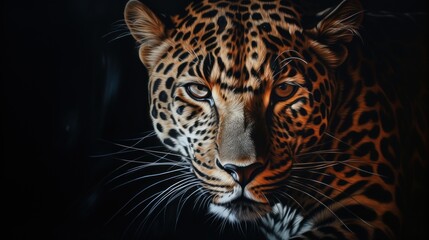  a close - up of a leopard's face on a black background with a blurry image of the face of a leopard's head in the foreground.