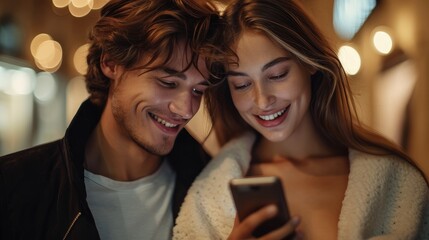 A happy couple looking at a mobile phone. Generative AI.