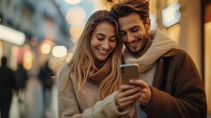 A happy couple looking at a mobile phone. Generative AI.