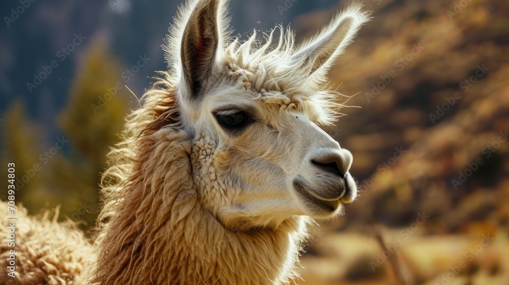 Poster a close up of a llama's face with a mountain in the backgroup of the image in the background with tr