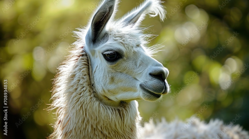 Poster a close - up of a llama's face with a blurry background of trees and bushes in the foreground, with 