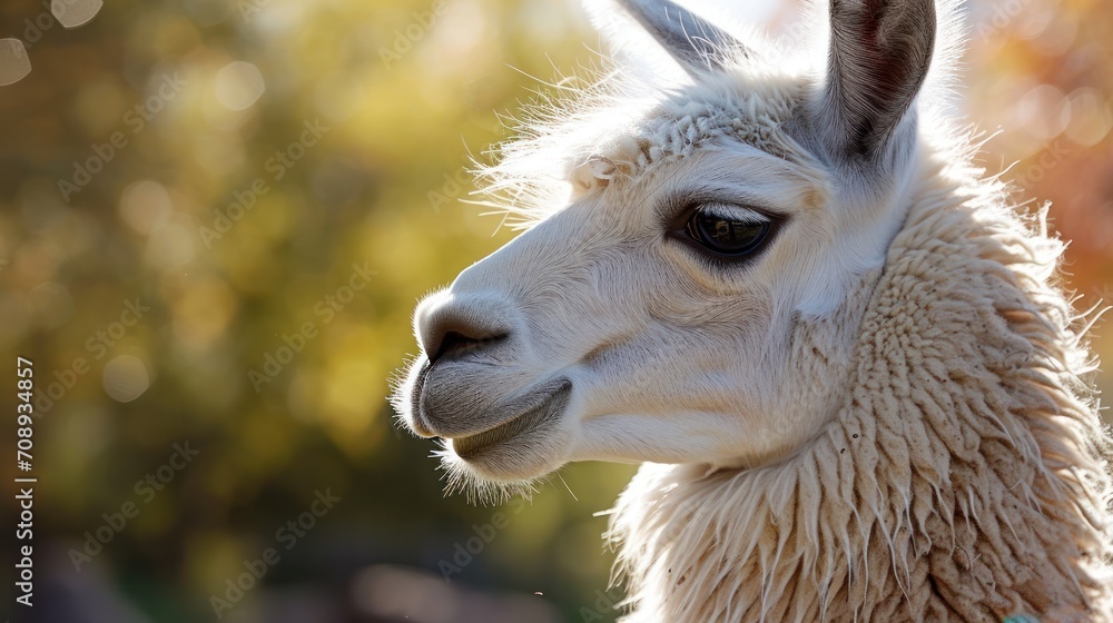 Poster a close - up of a llama's face with a blurry background of trees in the foreground and a blurry back