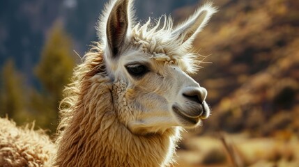  a close up of a llama's face with a mountain in the backgroup of the image in the background with trees in the foreground.