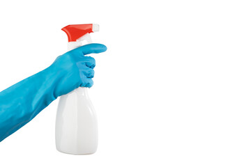 cleaning spray, detergent in a bottle, isolated, hand in glove