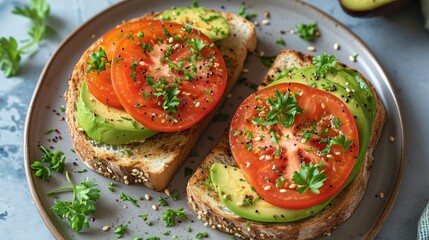 Healthy looking avocado and tomato with seeds on plate, Sandwich, Angle from above. Generative AI.