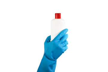 cleaning product, detergent in a bottle, isolated, hand in glove