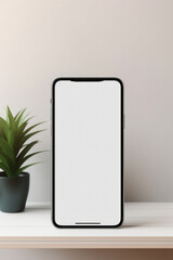 Smartphone mockup with blank screen on white shelf .