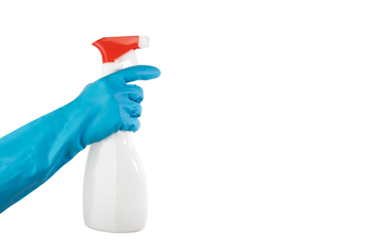cleaning spray, detergent in a bottle, isolated, hand in glove