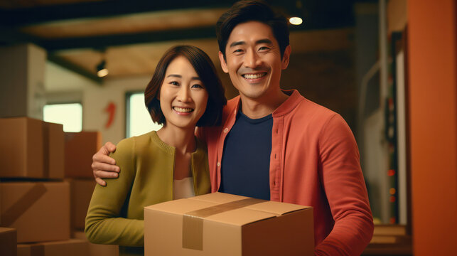 Happiness unboxed, Asian couple shares smiles, embracing the excitement of new beginnings - Powered by Adobe
