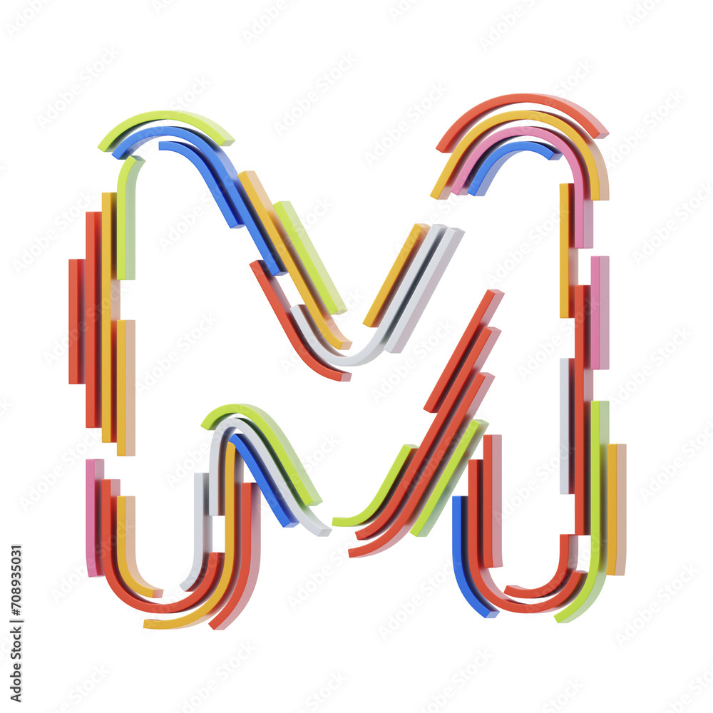 Poster m letter 3d shape stripes text. 3d illustration, 3d element, 3d rendering. 3d visualization isolated