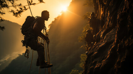 Vertical journey, A skilled climber scales rocky heights, tethered by a secure climbing rope. - obrazy, fototapety, plakaty