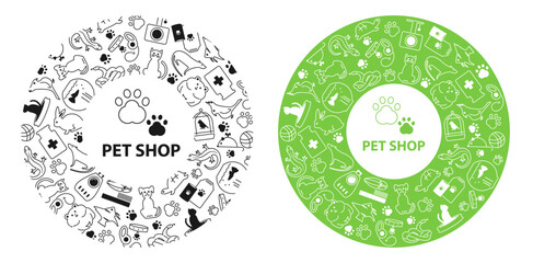 Round banner of a pet store with flat pictograms. Logo products for animals. Symbols and icons in circular ornaments.