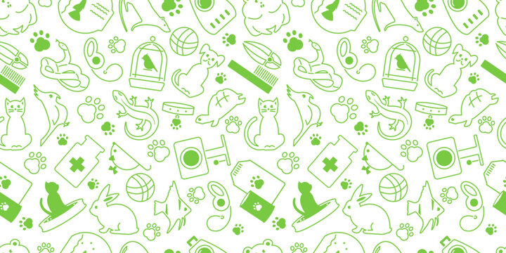 Seamless pattern with flat pictograms of pets and accessories for pet store.