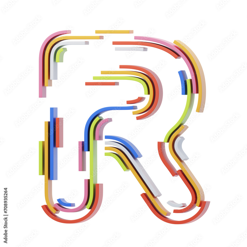 Poster r letter 3d shape stripes text. 3d illustration, 3d element, 3d rendering. 3d visualization isolated