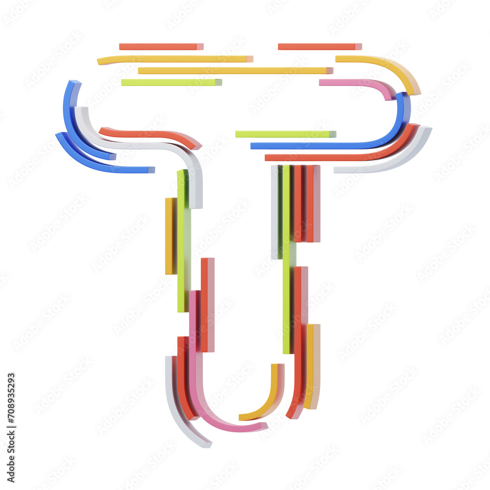 Poster t letter 3d shape stripes text. 3d illustration, 3d element, 3d rendering. 3d visualization isolated