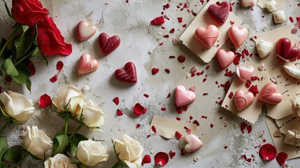  a table topped with lots of valentine's day chocolates next to a bouquet of roses and a couple of hearts on top of a piece of parchment paper.