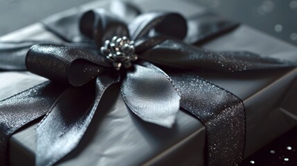  a close up of a black and silver present box with a large bow on it's side and a beaded brooch on the top of the bow.