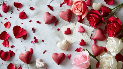  a white table topped with lots of red and white heart shaped candies next to a bouquet of pink and white roses on top of a marble slab of paper.