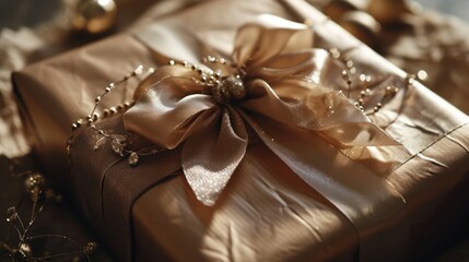  a close up of a present wrapped in a satin ribbon with a beaded bow and a beaded ribbon around the edge of the present box, with pearls and a beaded ribbon around the edge.