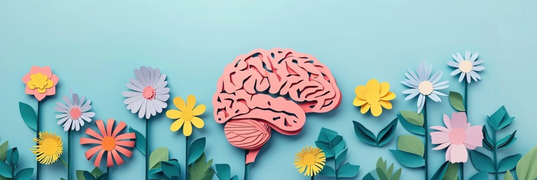 paper cut card Human brain with spring colorful flowers. World Mental Health day Concept of mental health, self care, happiness, harmony, positive thinking, creative mind