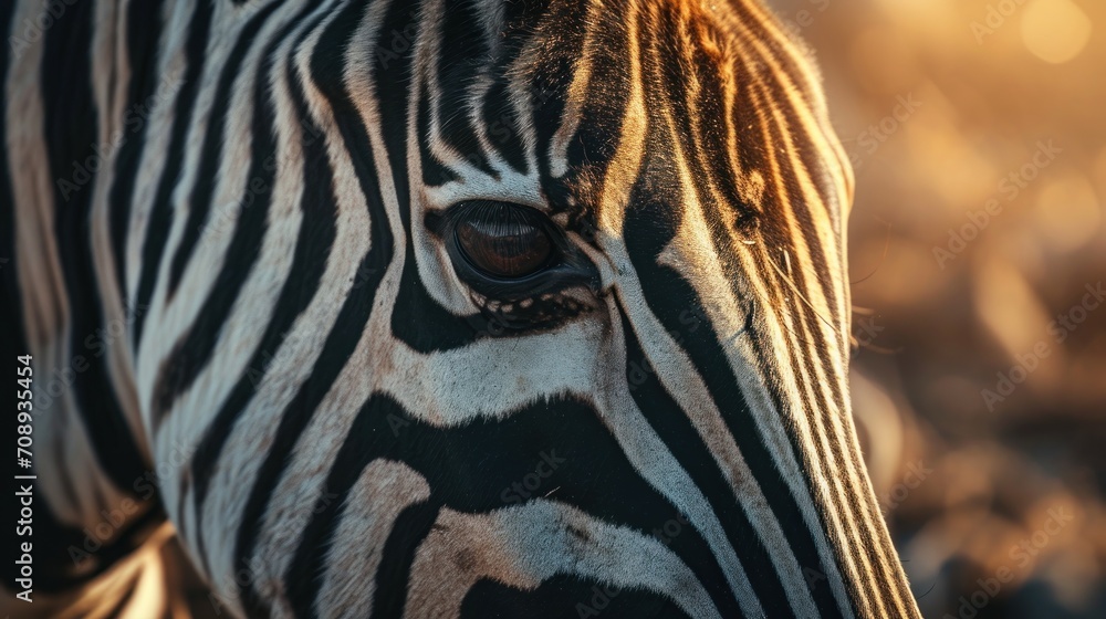Poster a close up of a zebra's face with the sun shining on the back of it's head and a blurry background o