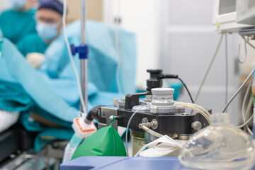 Anesthesia machine in hospital operating room. Surgical equipment at medical clinic. Operating room...