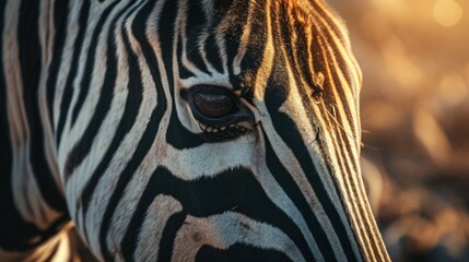  a close up of a zebra's face with the sun shining on the back of it's head and a blurry background of trees in the background.