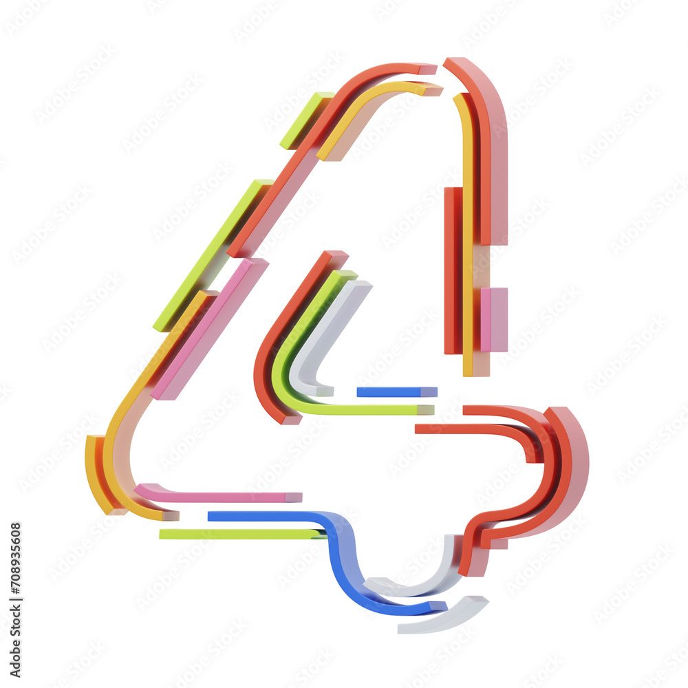Poster 3d number 4 shape stripes text. 3d illustration, 3d element, 3d rendering. 3d visualization isolated