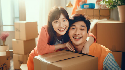 Happiness unboxed, Asian couple shares smiles, embracing the excitement of new beginnings