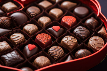 Valentine sweet surprise, Chocolates in a heart shaped red box, a delectable expression of love.