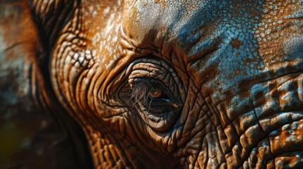  a close up of an elephant's eye with a brown and blue pattern on it's skin and it's skin is looking at the camera lens.