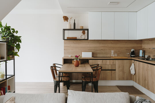 Modern home interior design. Living room with dinner table, kitchen furniture, chairs, decorations