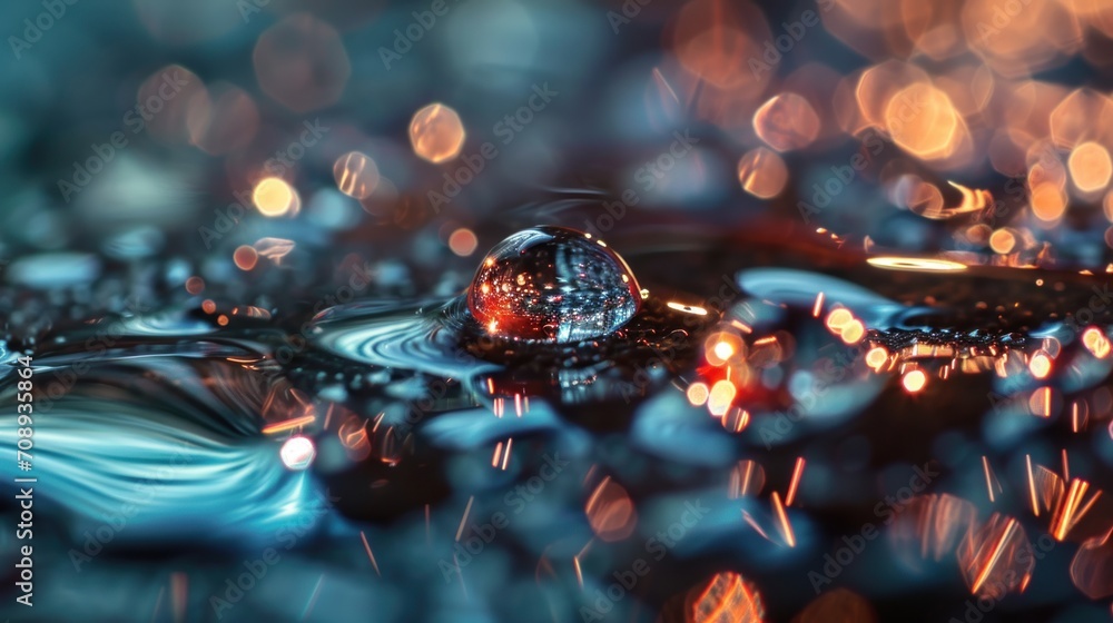 Poster a close up of a drop of water on a surface with a lot of blurry lights in the background and a drop 