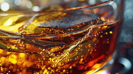  a close - up of a glass of liquid with a blurry background of yellow and red bubbles on the bottom and bottom of the glass, with a bit of water in the foreground.