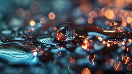 a close up of a drop of water on a surface with a lot of blurry lights in the background and a drop of water droplet on the surface.