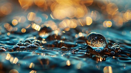  a close up of a drop of water on a surface of water with a boke of light reflecting off the surface of the water and the droplet of the water. - obrazy, fototapety, plakaty