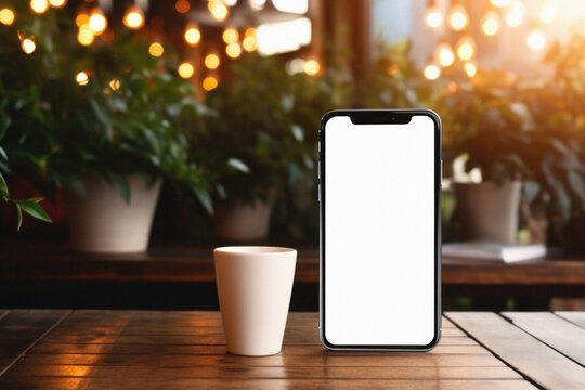 Mockup image of smartphone with blank white screen and coffee cup on wooden table in cafe
