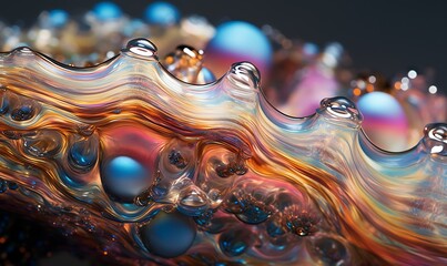Layers of oil in the light reveal globs of sticky, glistening liquid slime dripping with intense iridescent opal pearls in the style of rainbow liquid . Generative Ai - obrazy, fototapety, plakaty