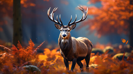 A reindeer in an autumn scene, its confident stride accentuated by fallen autumn leaves