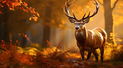 A reindeer standing amidst autumn fall leaves